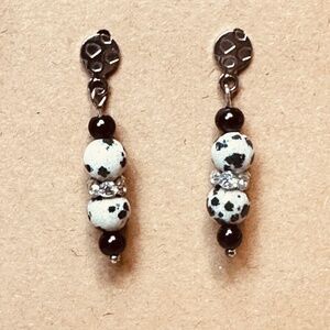 Stainless Steel Disk Earrings on Post Dalmatian Jasper Black Onyx AB Crystals
